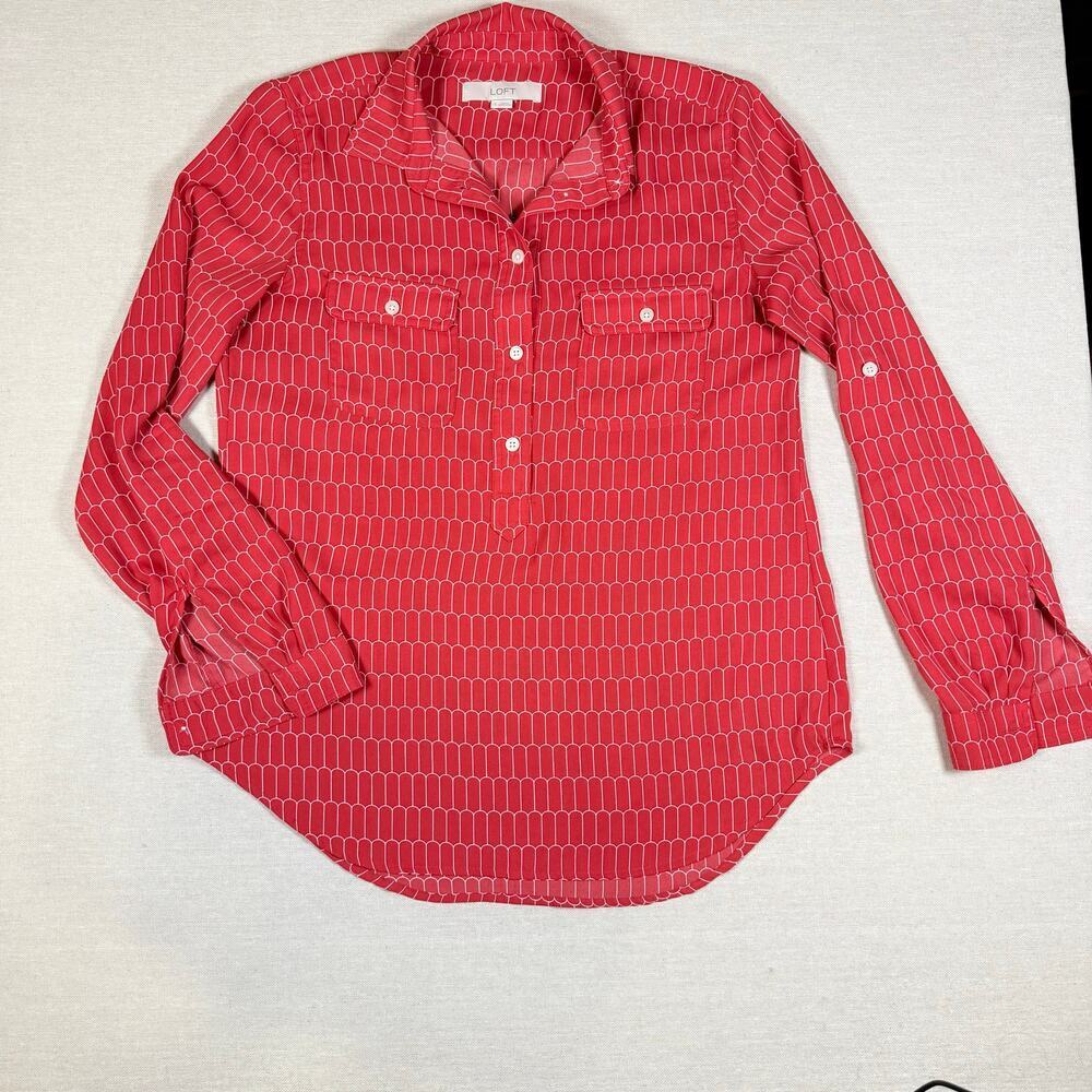 LOFT Red Geometric Print Utility Blouse Mod Inspired Long Sleeve Size S